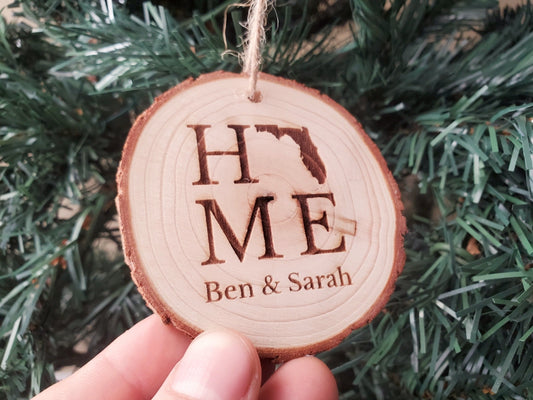 Personalized Christmas Ornaments, Natural Wood Slice Xmas Ornament, Tree Branch Cut, Custom Laser Engraved HOME State Christmas Ornament