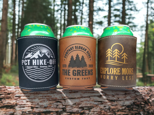 Engraved Beverage Holder, Personalized Can Cooler, Can Holder, Outdoors Hiking Mountains Trees, Customize Our Designs Or Send Us Your Logo