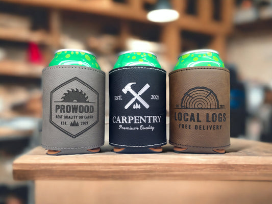 Carpenter Woodworker Logo Engraving, Custom Engraved Beverage Holder, Personalized Can Cooler Gift, Customize Our Designs Or Send Your Logo