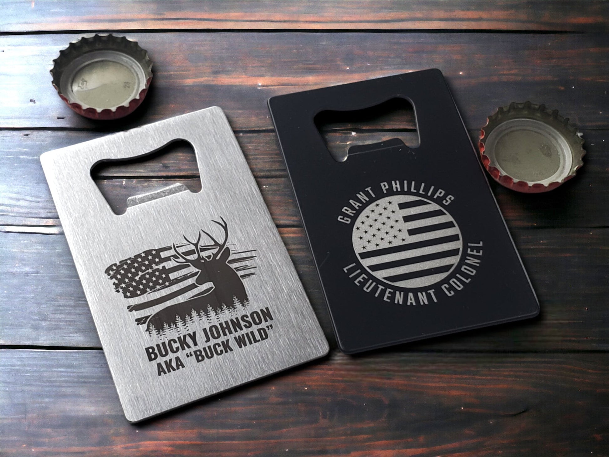 Custom Wallet Bottle Opener, America USA Veterans, Hunting Fishing, American Flag, Gift For Him, Customize Our Designs Or Send Your Logo