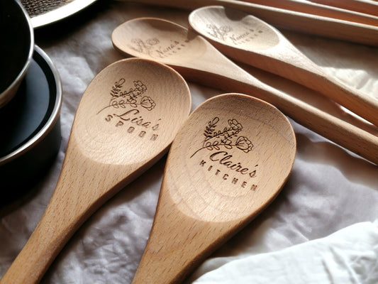 Custom Engraved Wooden Stirring Spoon, Custom Text, Personalized Wood Kitchen Mixing Spoon 12-inch, Flower Design, Gift For Mom / Grandma