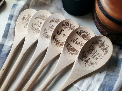 Personalized Flower Spoon, Custom Engraved Wooden Stirring Spoon, Gift For Her / Mom / Wife / Grandma, Wood Kitchen Mixing Spoon