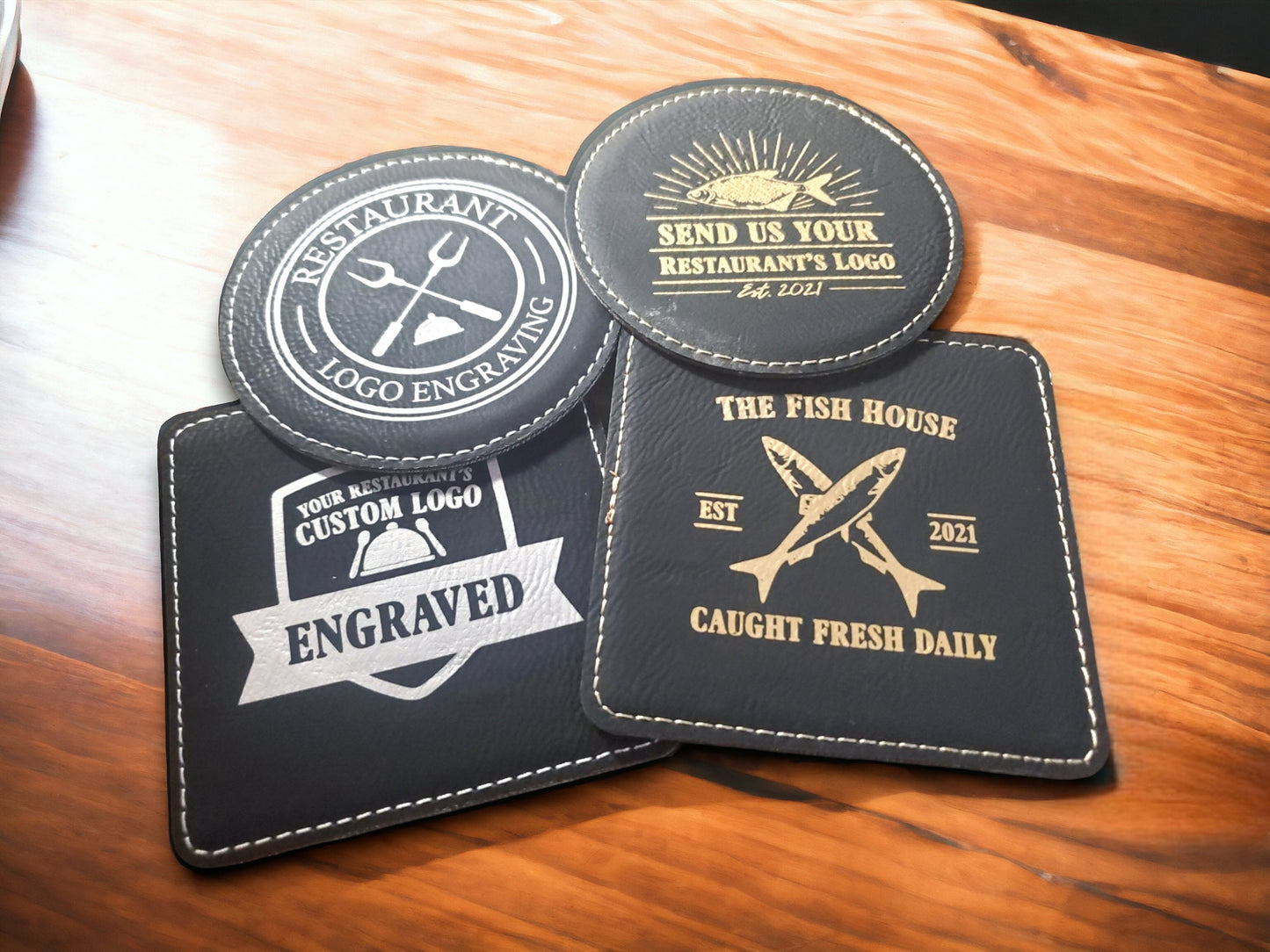 Custom Logo Coasters For Restaurants, Laser Etched Black & Gold / Silver Leatherette Coasters, Table And Bar Coasters