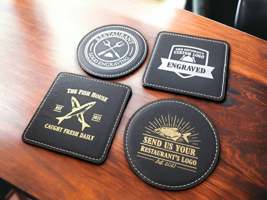 Custom Logo Coasters For Restaurants, Laser Etched Black & Gold / Silver Leatherette Coasters, Table And Bar Coasters