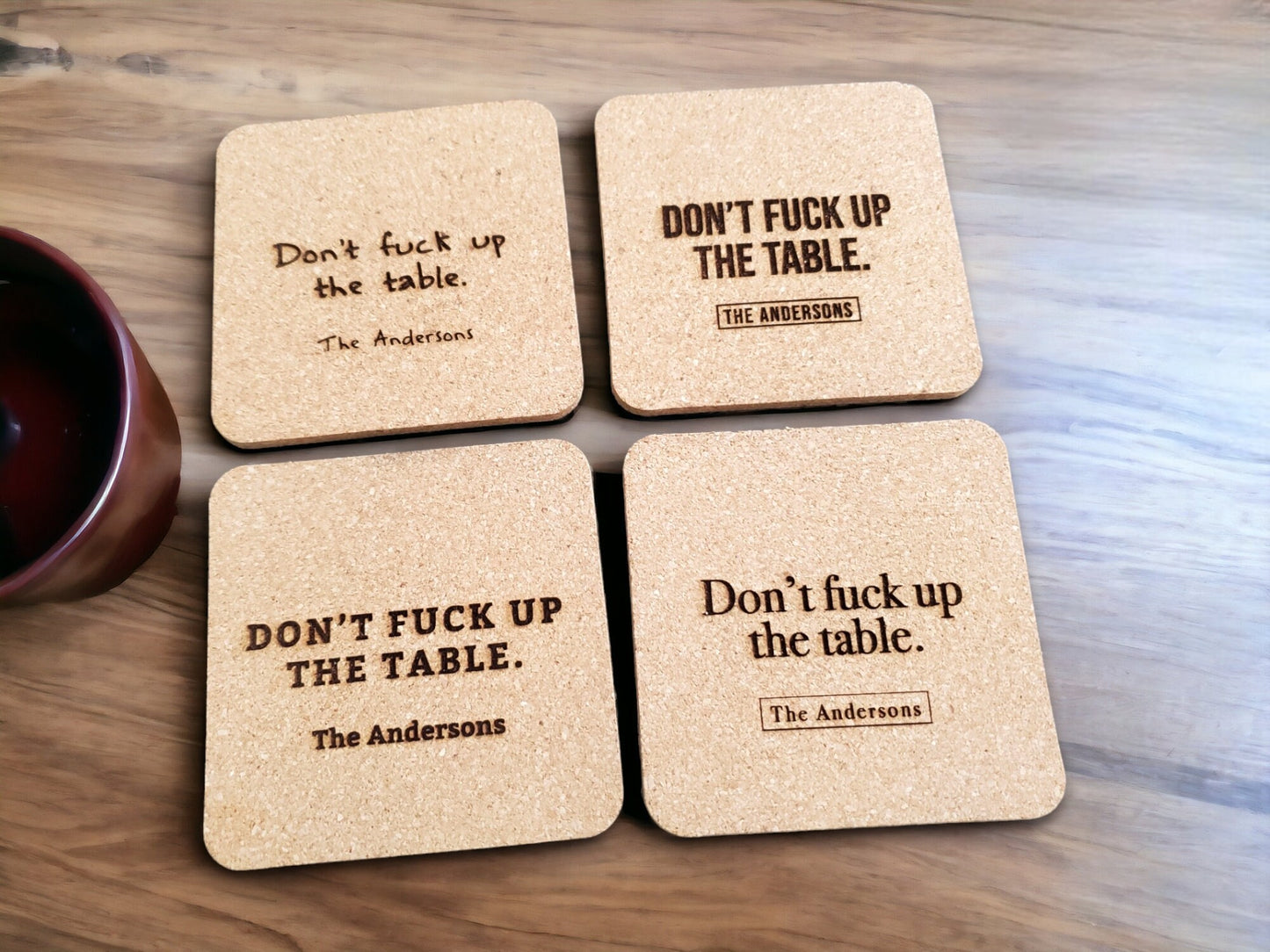 Housewarming Present, Don't F*** Up The Table Coasters, Laser Engraved Cork, Personalized With Custom Text, Custom Engraved Cork Coaster