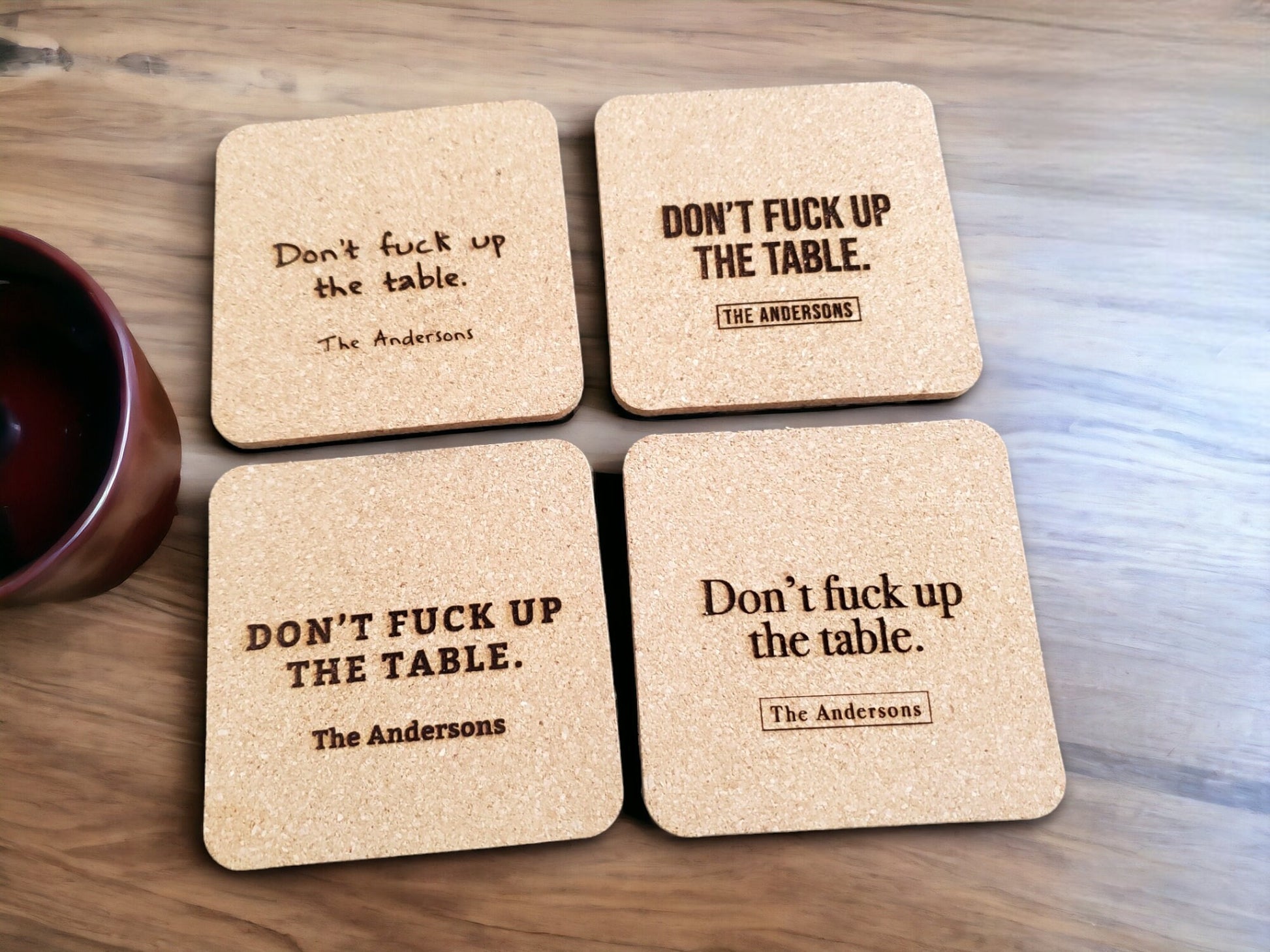 Housewarming Present, Don't F*** Up The Table Coasters, Laser Engraved Cork, Personalized With Custom Text, Custom Engraved Cork Coaster