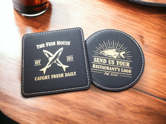 Restaurant Logo Coasters, Laser Etched Black & Gold / Silver Leatherette Coasters, Custom Coasters