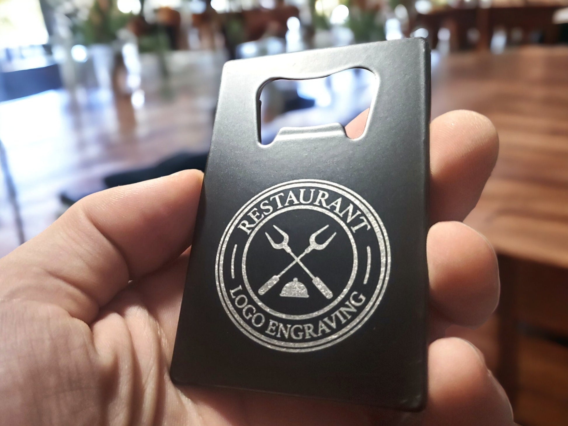 Restaurant Logo Bottle Opener, Custom Engraving, Black, Thick Steel, Card Sized, Fits In Wallet, Send Us Your Logo Or Graphic