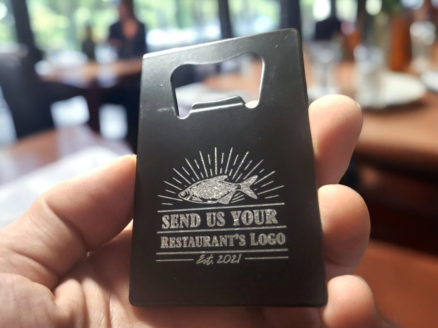 Custom Logo Engraving, Bottle Opener, Powdercoated Black, Thick Steel, Card Sized, Fits In Wallet, Restaurants & Bars