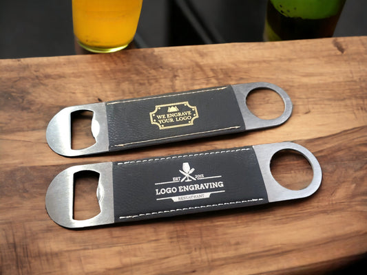 Custom Logo Bottle Opener, Laser Etched Black & Gold Or Silver Leatherette, Send Us Your Logo/Graphic/Vector Design Now