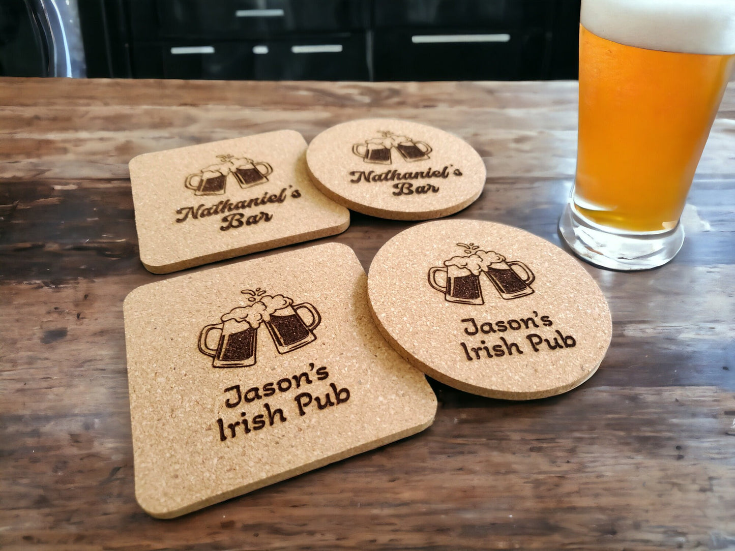 Custom Bar Coasters, Personalized Coasters, Laser Engraved Cork Coaster, Beers Cheers