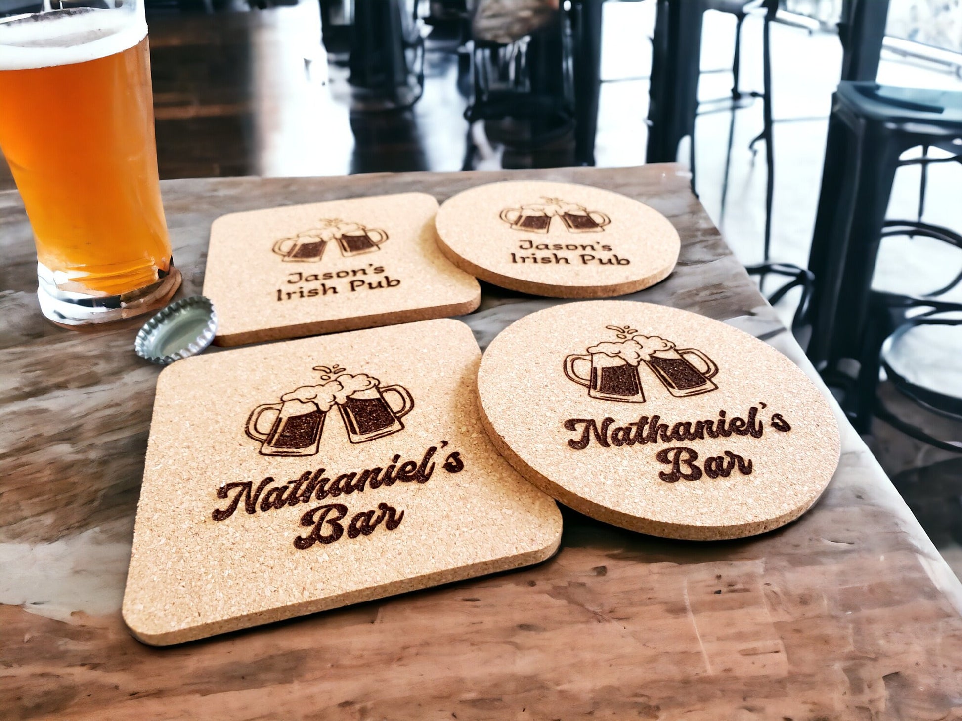 Custom Bar Coasters, Personalized Coasters, Laser Engraved Cork Coaster, Beers Cheers