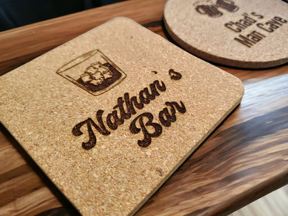 Custom Bar Coasters, Personalized Drink Coasters, Beer, Whiskey, Man Cave Gift, Gift For Him, Square Or Round Engraved Cork Coaster