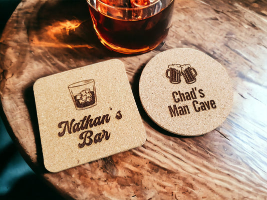 Custom Bar Coasters, Personalized Drink Coasters, Beer, Whiskey, Man Cave Gift, Gift For Him, Square Or Round Engraved Cork Coaster