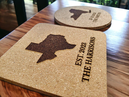 Custom Engraved State Coasters, Personalized With Your Custom Text, Housewarming Gift, Couples, For Her, Cork Coaster