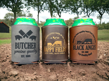 Custom Engraved Beverage Holder, Personalized Can Cooler, Can Holder, Butchers / Farms / Cows, Customize Our Designs Or Send Your Logo