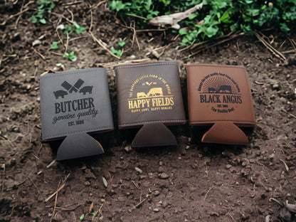 Custom Engraved Beverage Holder, Personalized Can Cooler, Can Holder, Butchers / Farms / Cows, Customize Our Designs Or Send Your Logo