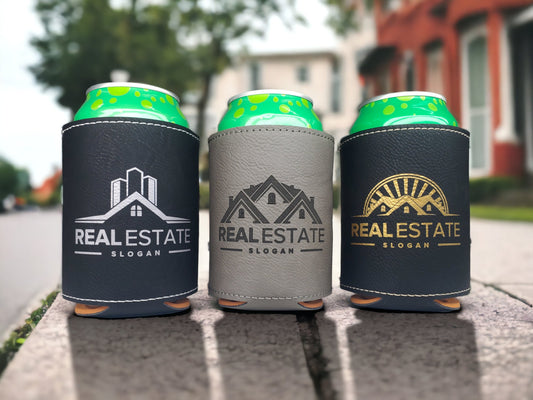 Real Estate Logo Engraving, Realtor Gift, Custom Engraved Beverage Holder, Personalized Can Cooler, Customize Our Designs Or Send Your Logo