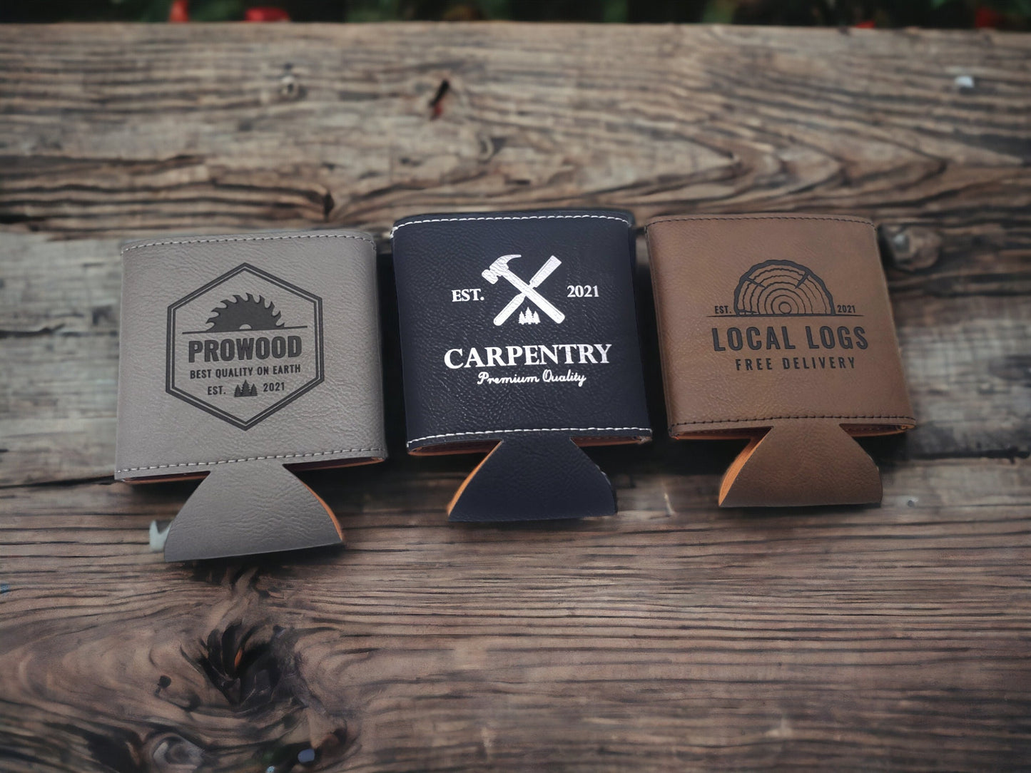 Carpenter Woodworker Logo Engraving, Custom Engraved Beverage Holder, Personalized Can Cooler Gift, Customize Our Designs Or Send Your Logo