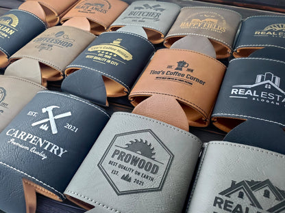 Custom Logo Engraving On Beverage Holder / Can Cooler, Personalized Leatherette Can Holder Gift, Small Businesses, Send Us Your Logo