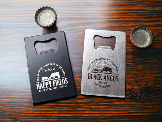 Custom Engraved Card Bottle Opener, Personalized, Fits In Your Wallet, Butchers / Farms / Cows, Customize Our Designs Or Send Your Logo