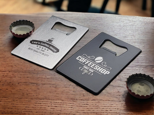 Custom Engraved Wallet Bottle Opener, Cafes / Coffee Shops, Personalized Gift For Coffee Lovers, Customize Our Designs Or Send Us Your Logo