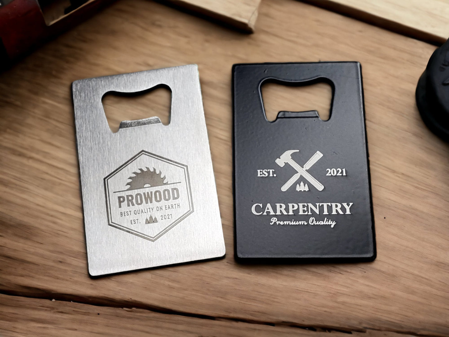 Carpenter Woodworker Logo Engraving, Custom Card Bottle Opener, Personalized Gift, Fits In Wallet, Customize Our Designs Or Send Your Logo