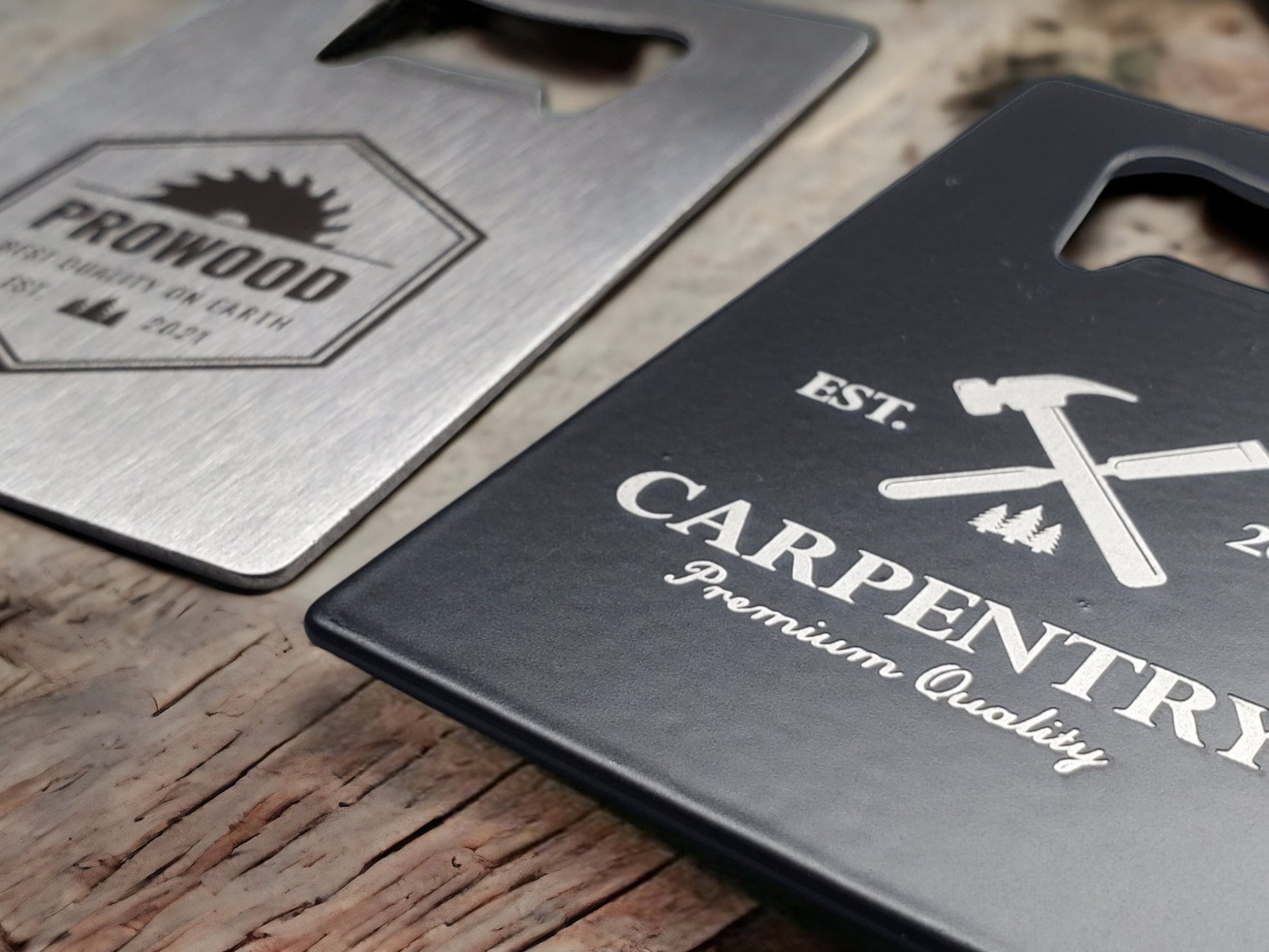 Carpenter Woodworker Logo Engraving, Custom Card Bottle Opener, Personalized Gift, Fits In Wallet, Customize Our Designs Or Send Your Logo