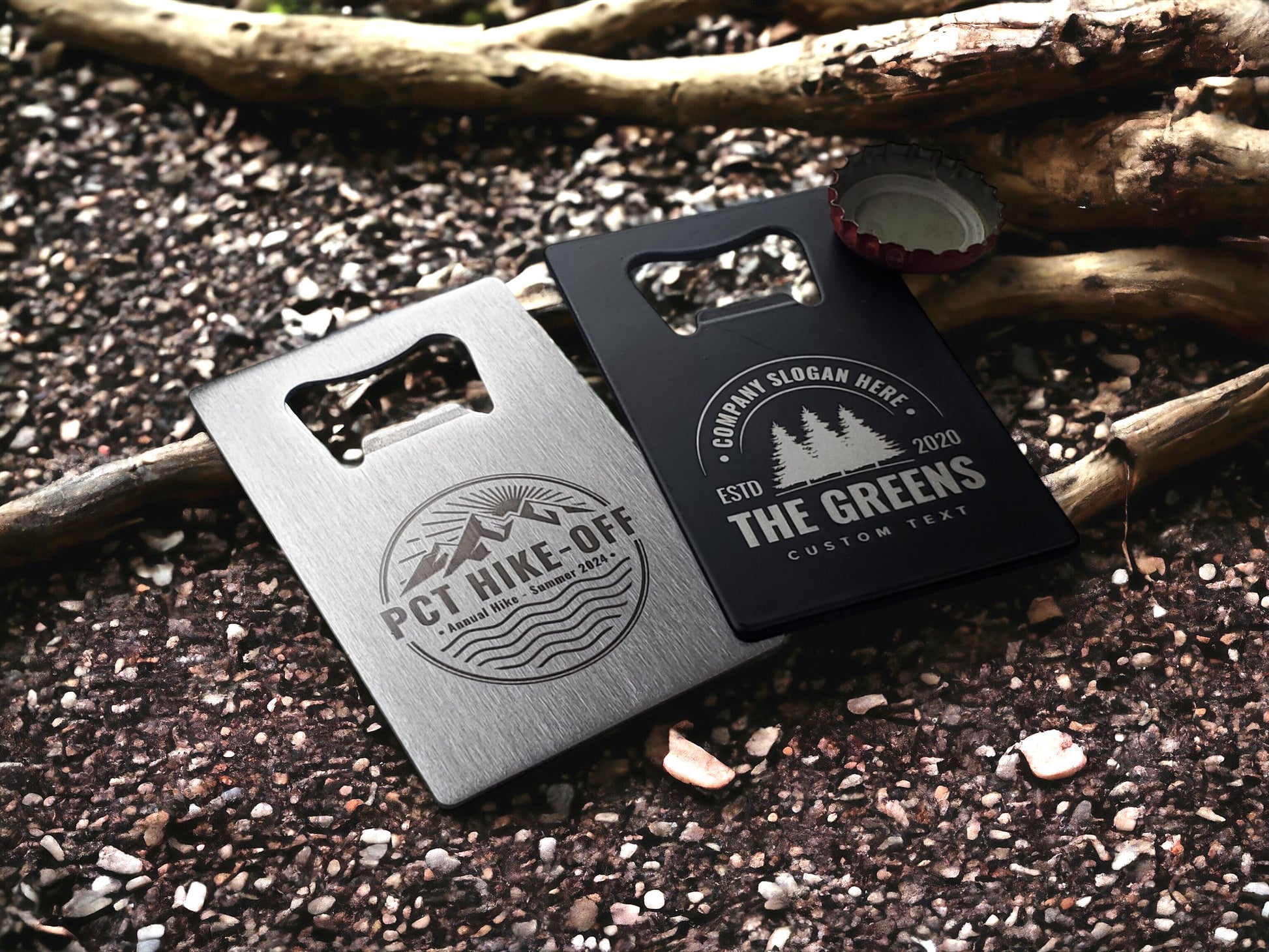 Custom Wallet Bottle Opener, Personalized Outdoors Gift, Hiking, Mountains, Trees, Fits In Wallet, Customize Our Designs Or Send Your Logo