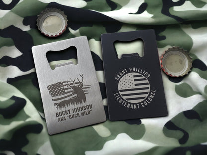 Custom Wallet Bottle Opener, America USA Veterans, Hunting Fishing, American Flag, Gift For Him, Customize Our Designs Or Send Your Logo