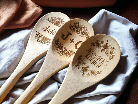 Custom Engraved Wooden Stirring Spoon, Customized Text, Personalized Wood Kitchen Mixing Spoon, Gift For Mom / Grandma / Friends, Flowers