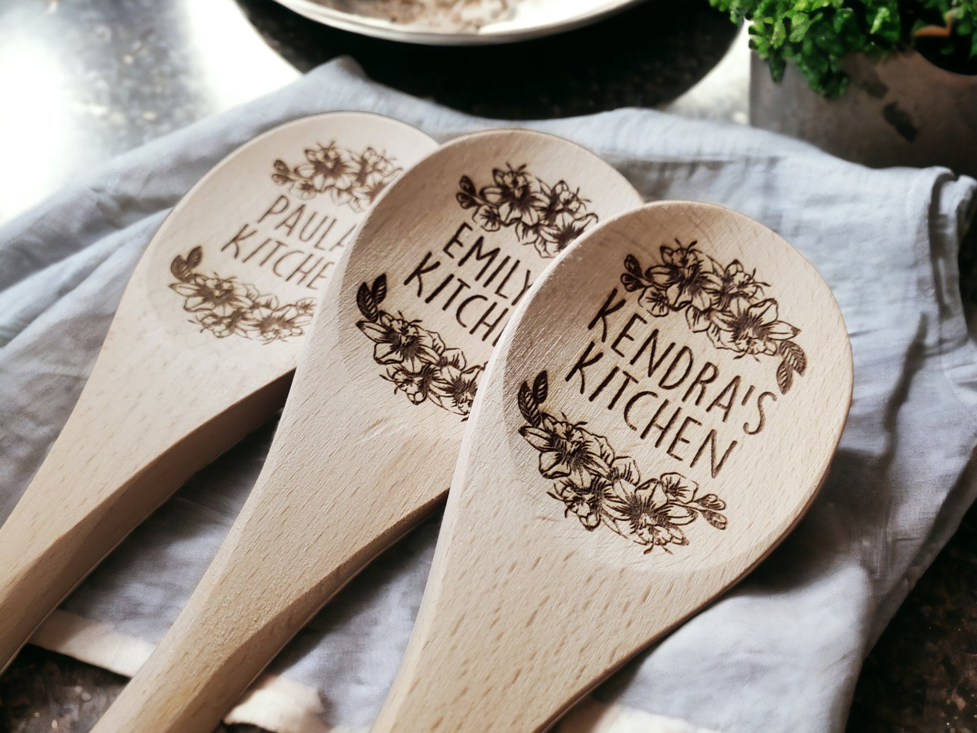 Personalized Flower Spoon, Custom Engraved Wooden Stirring Spoon, Gift For Her / Mom / Wife / Grandma, Wood Kitchen Mixing Spoon