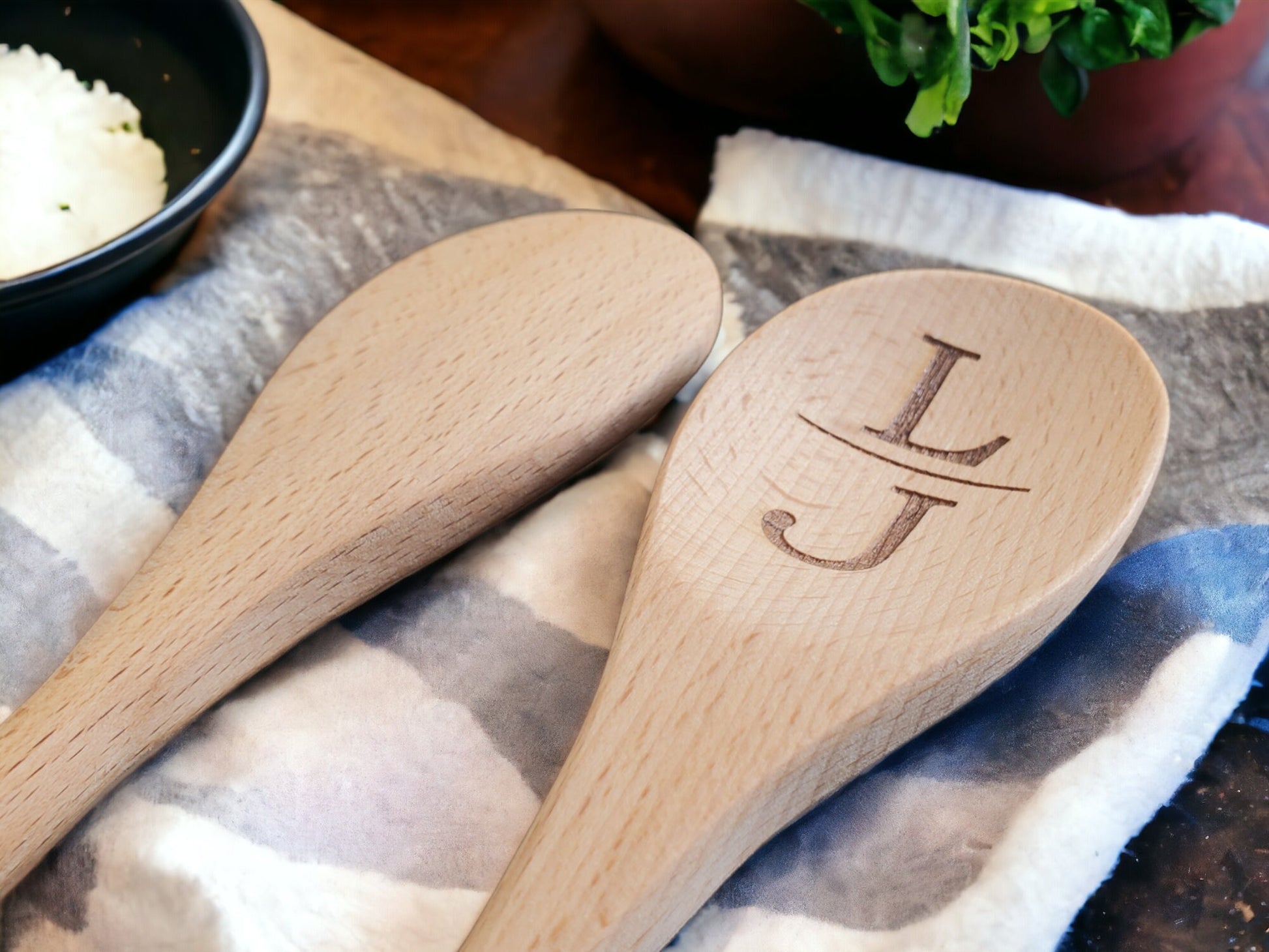 Custom Initials Spoon, Laser Engraved Wooden Stirring Spoon, 2 Letters Personalized Wood Kitchen Mixing Spoon, Beechwood Spoon