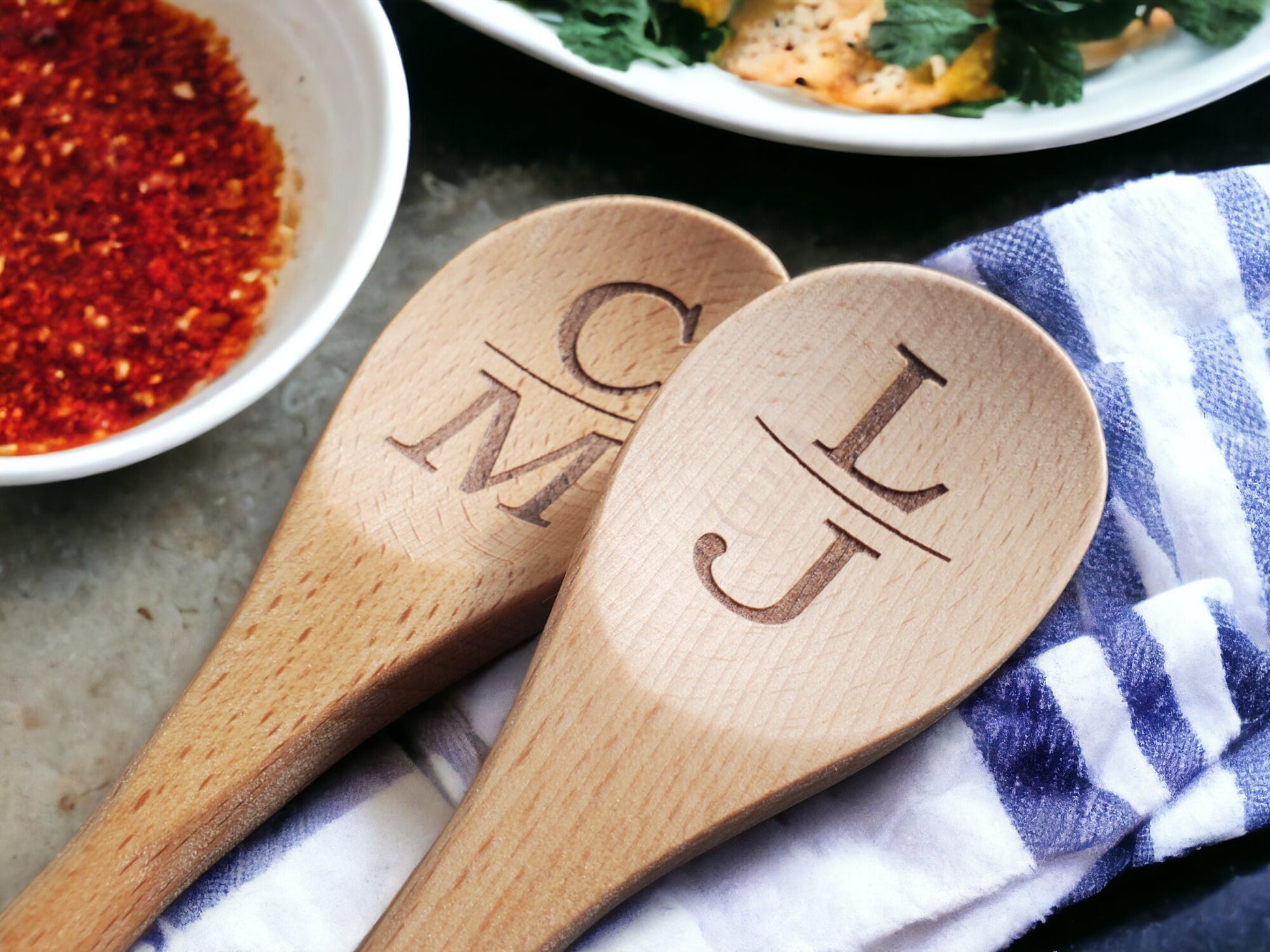 Custom Initials Spoon, Laser Engraved Wooden Stirring Spoon, 2 Letters Personalized Wood Kitchen Mixing Spoon, Beechwood Spoon