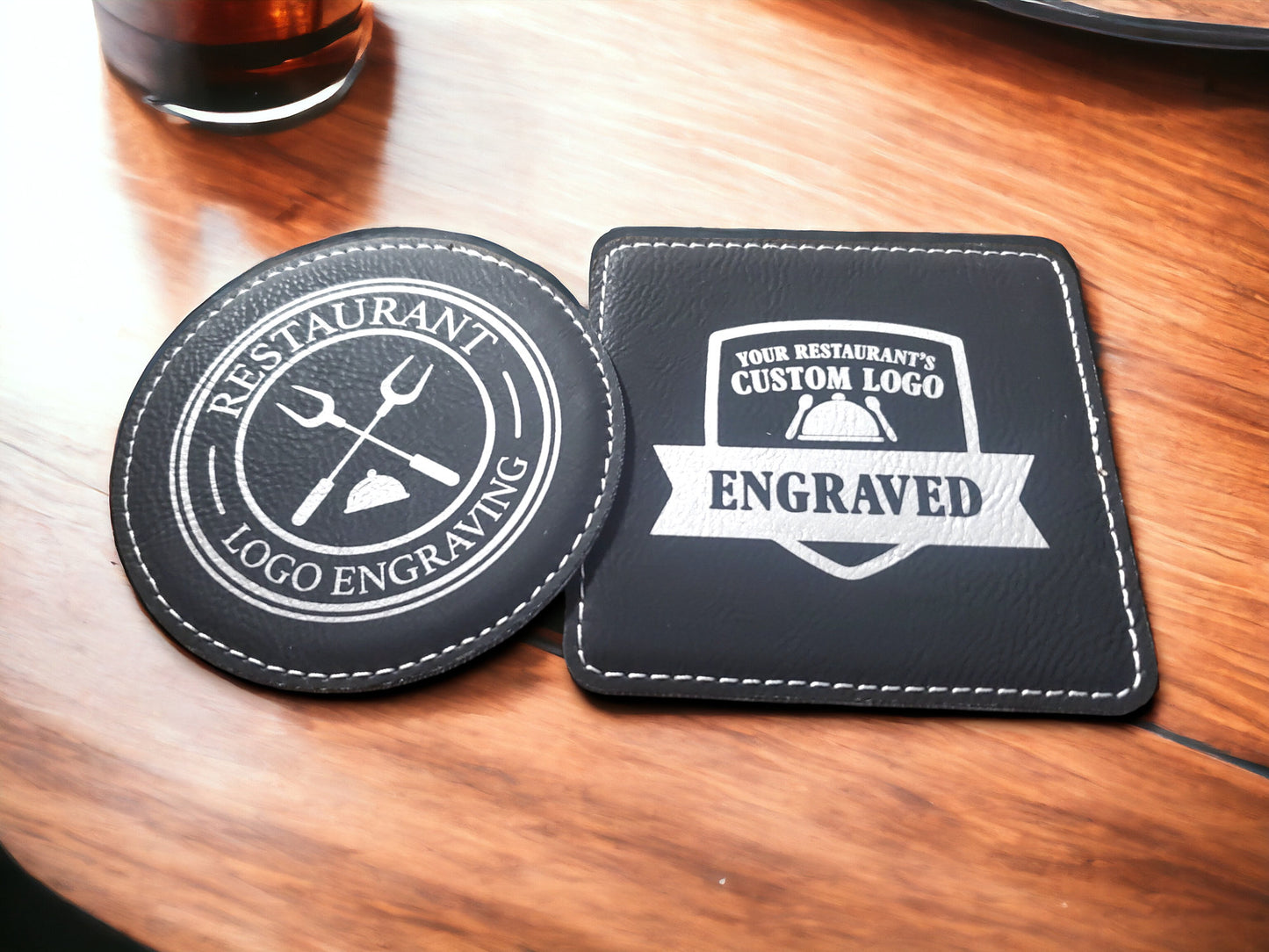 Custom Logo Coasters For Restaurants, Laser Etched Black & Gold / Silver Leatherette Coasters, Table And Bar Coasters