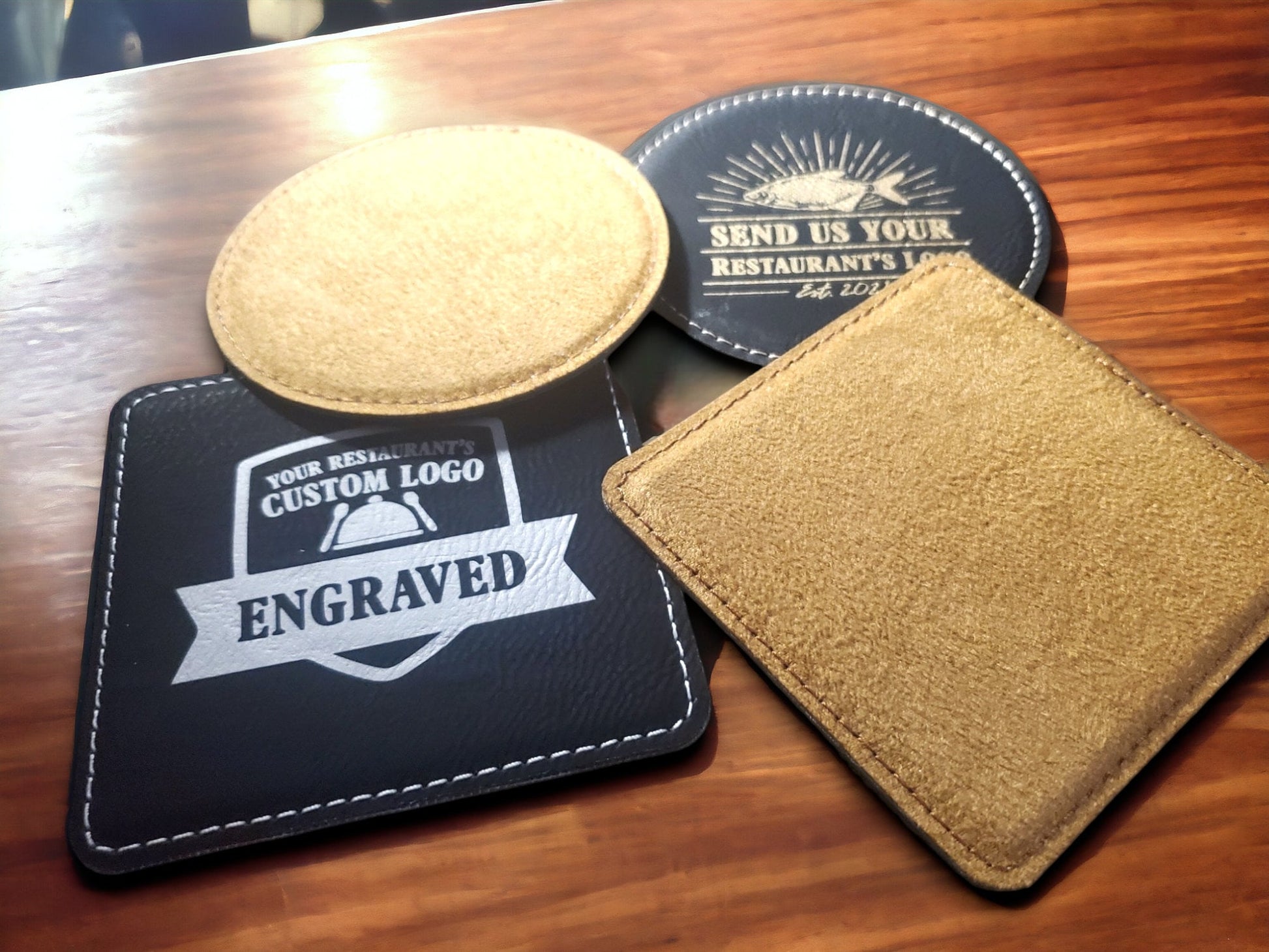 Custom Logo Coasters For Restaurants, Laser Etched Black & Gold / Silver Leatherette Coasters, Table And Bar Coasters