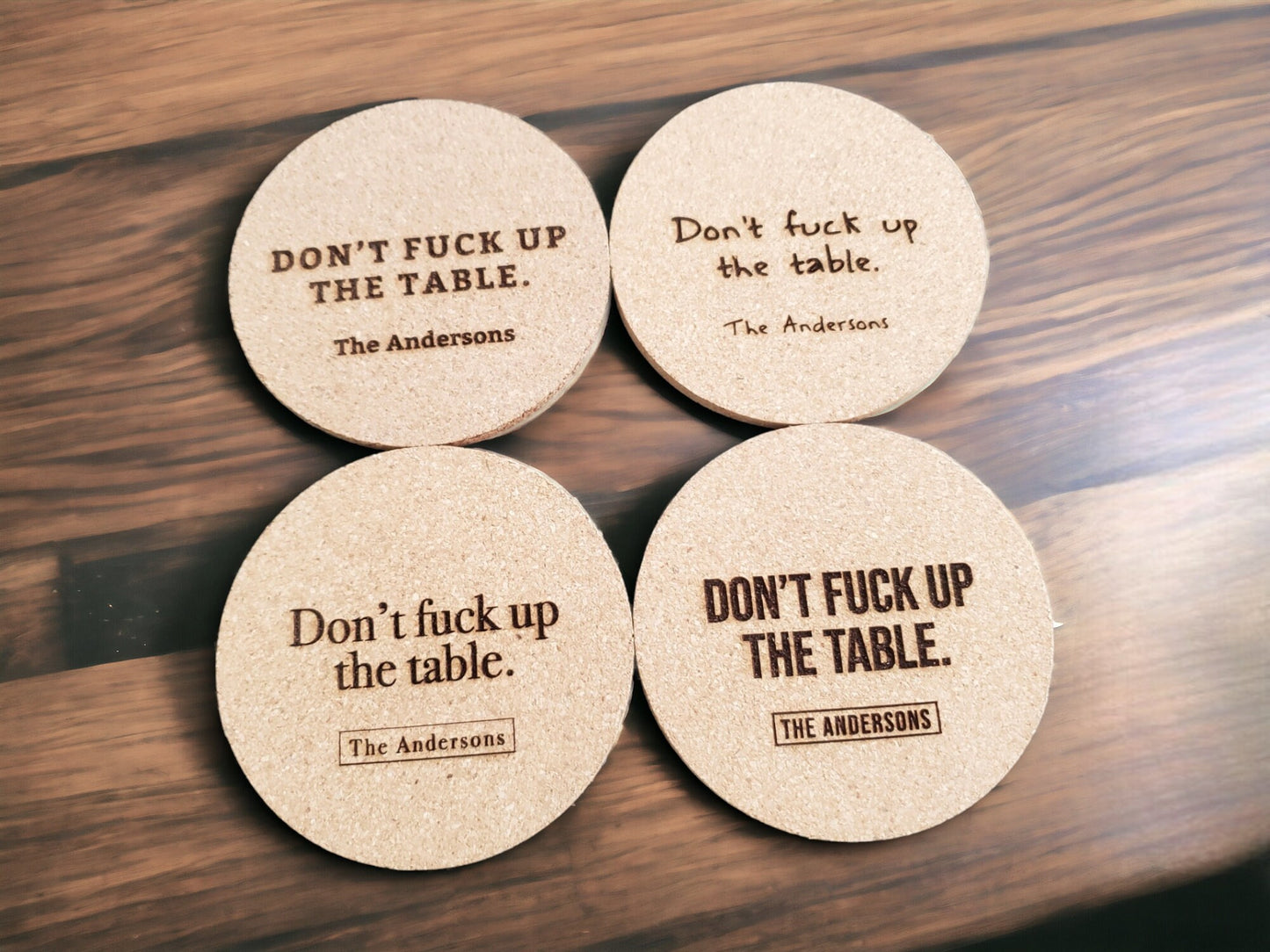 Housewarming Present, Don't F*** Up The Table Coasters, Laser Engraved Cork, Personalized With Custom Text, Custom Engraved Cork Coaster