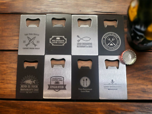 Custom Engraved Logo Bottle Openers, Black, Thick Steel, Card Sized, Fits In Wallet, Send Us Your Logo Or Graphic