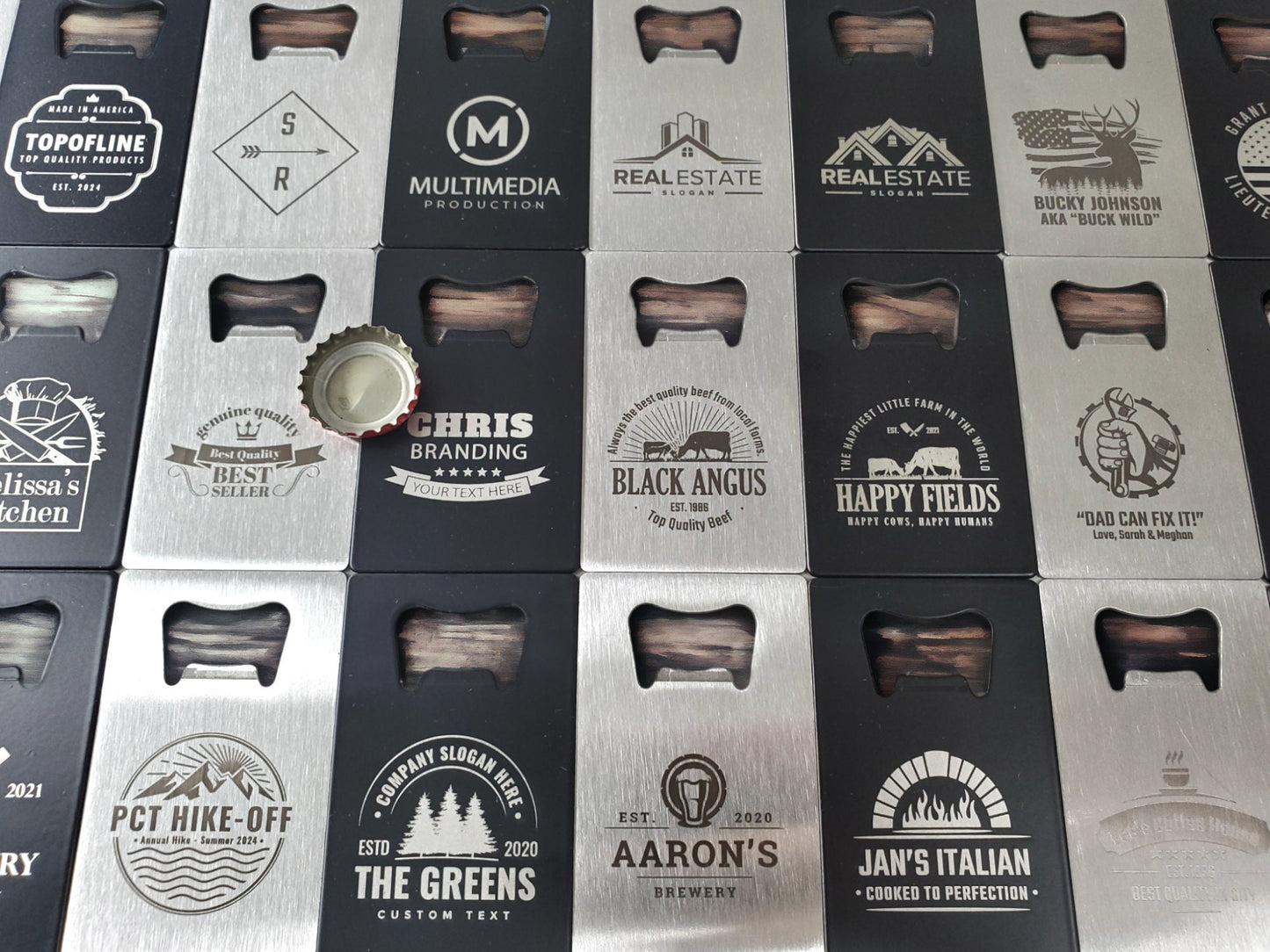 Custom Engraved Logo Bottle Openers, Black, Thick Steel, Card Sized, Fits In Wallet, Send Us Your Logo Or Graphic