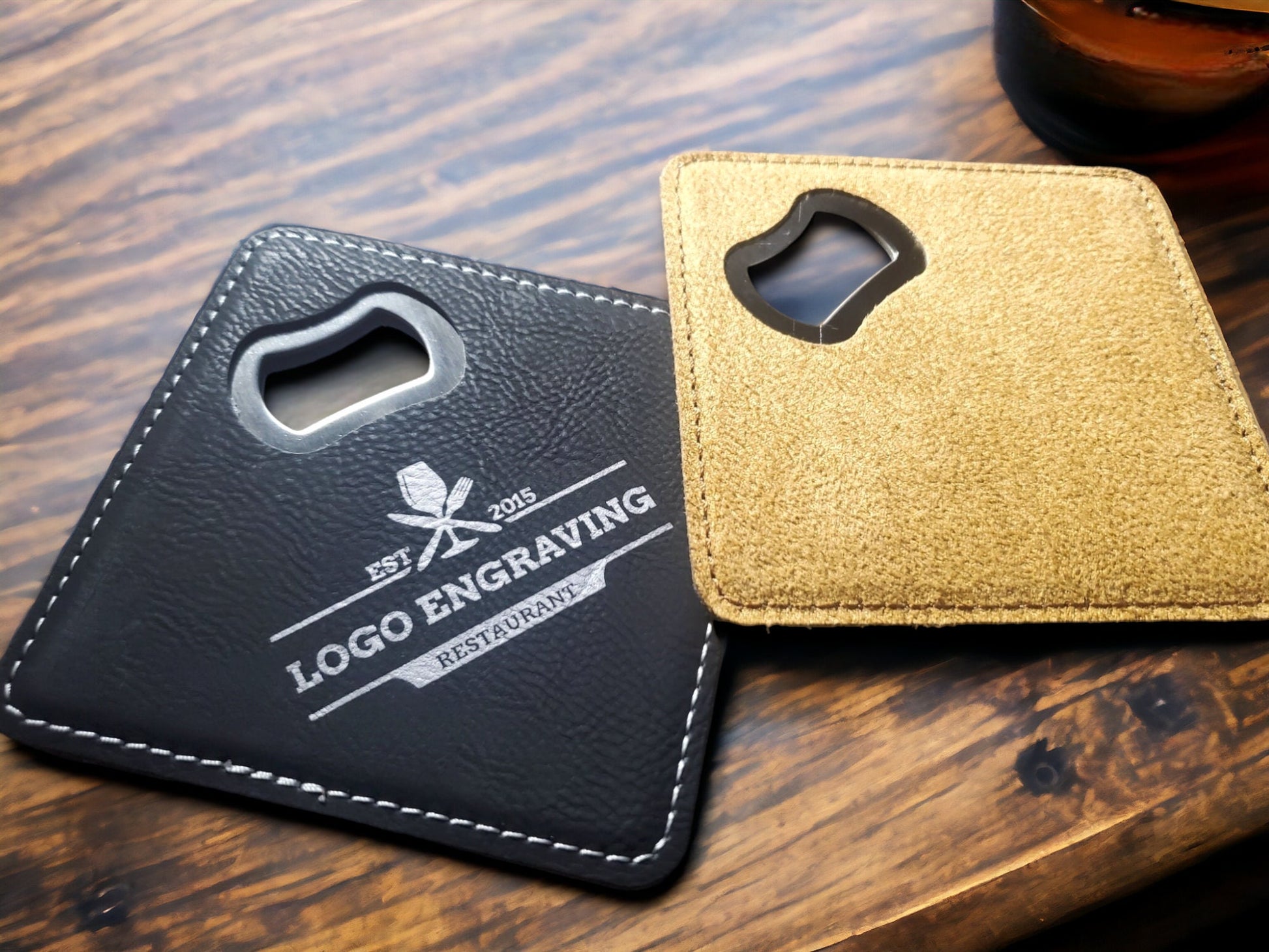 Custom Logo Bottle Opener Coasters, Restaurants & Bars, Black And Gold/Silver, Send Us Your Logo