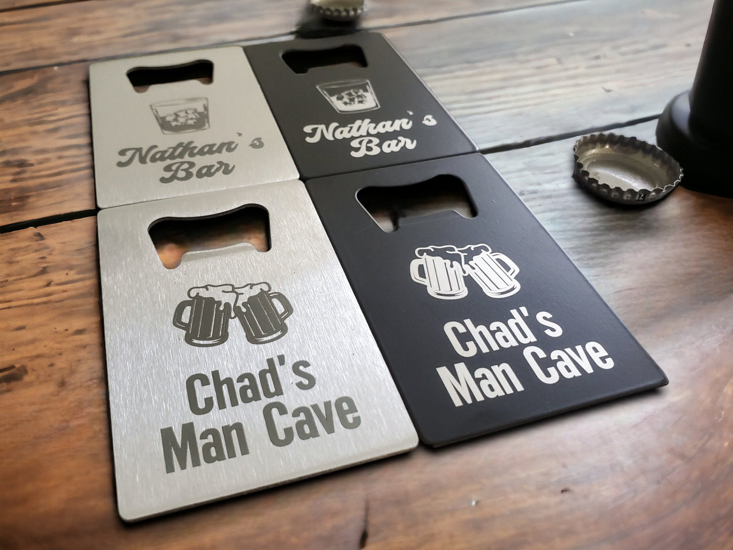 Custom Beer Bottle Openers, Wallet Bottle Openers, Bar, Man Cave, Fits In Wallet, Size Of A Credit Card, Black Or Steel Card Bottle Opener