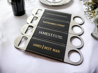 Groomsman Gift Bottle Opener, Laser Etched Black & Gold Or Silver Leatherette, Best Man, Wedding Party