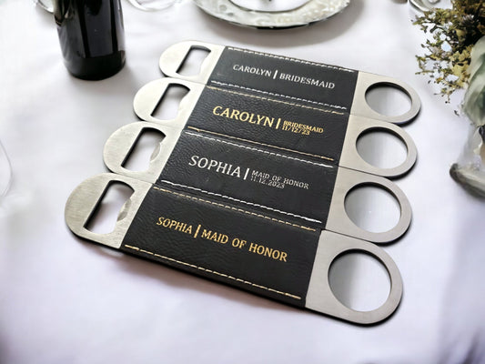 Bridesmaids Gift Bottle Opener, Laser Etched Black & Gold Or Silver Leatherette, Maid Of Honor, Wedding Party