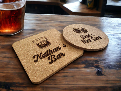 Custom Bar Coasters, Personalized Drink Coasters, Beer, Whiskey, Man Cave Gift, Gift For Him, Square Or Round Engraved Cork Coaster