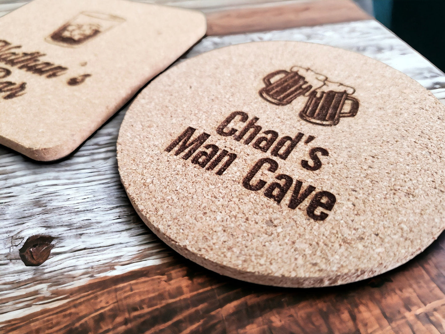 Custom Bar Coasters, Personalized Drink Coasters, Beer, Whiskey, Man Cave Gift, Gift For Him, Square Or Round Engraved Cork Coaster