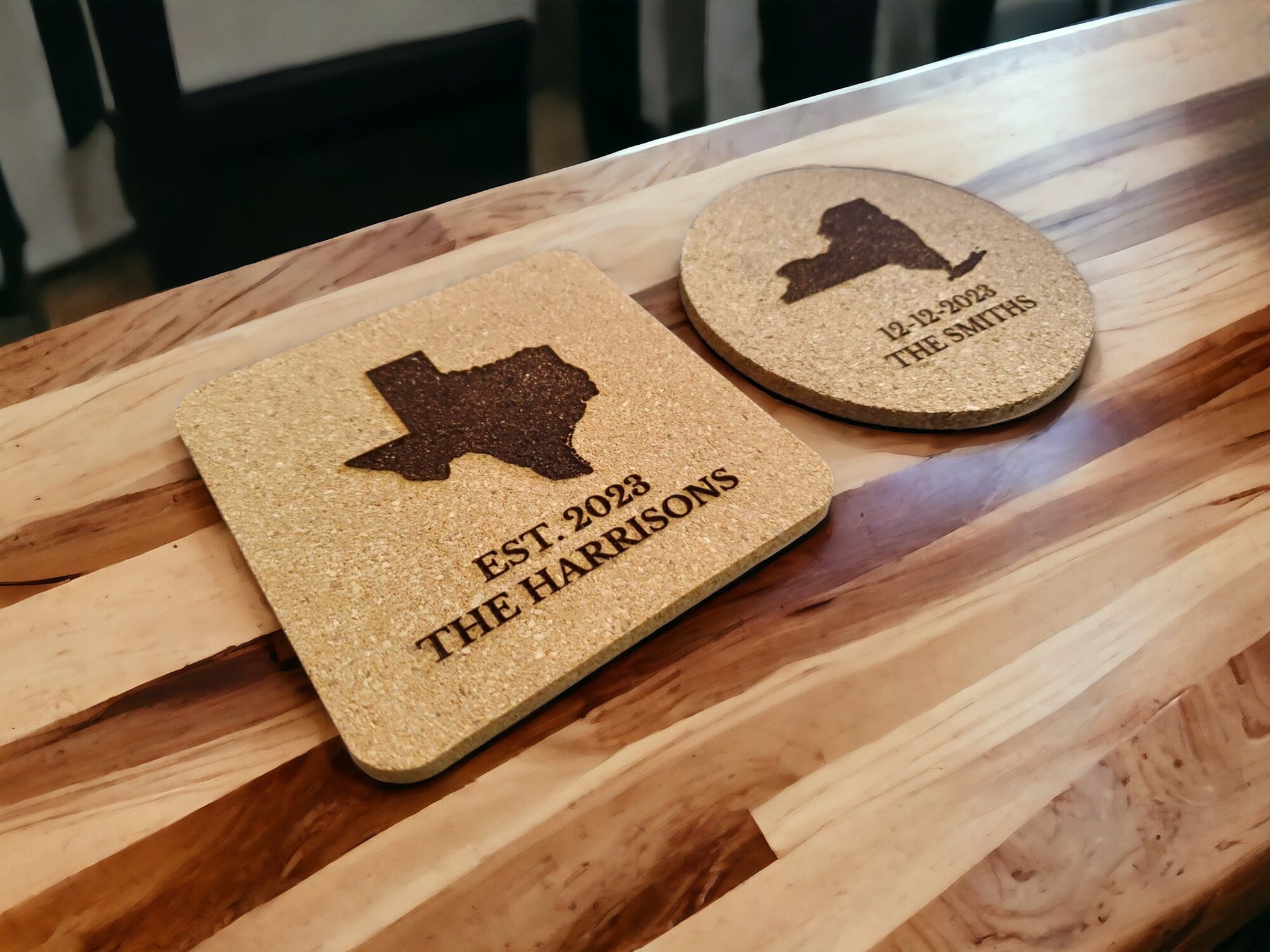 Custom Engraved State Coasters, Personalized With Your Custom Text, Housewarming Gift, Couples, For Her, Cork Coaster