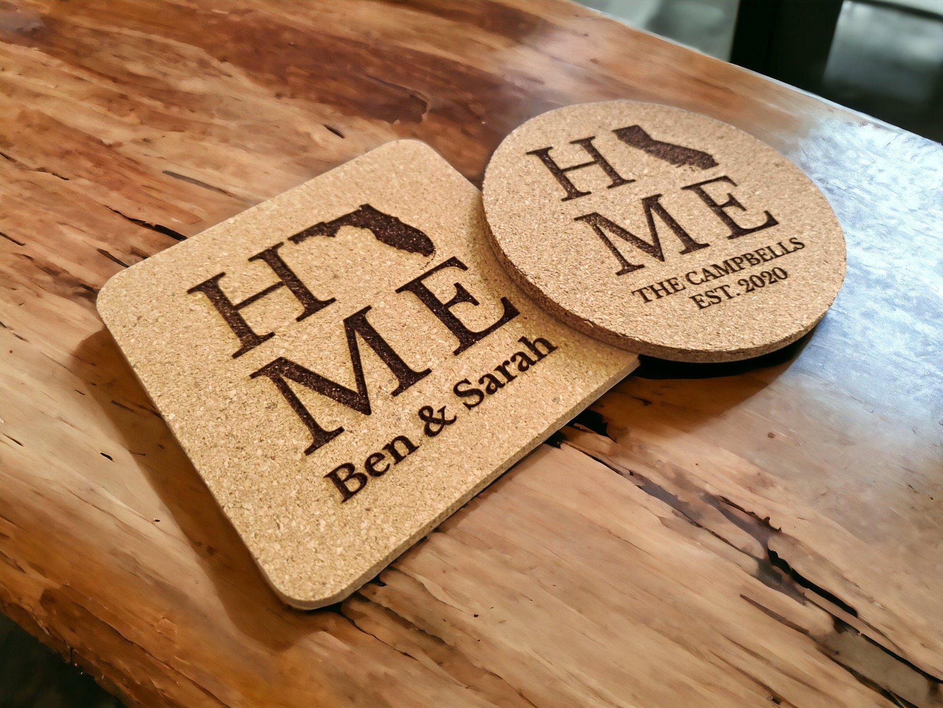 Custom Engraved HOME State Drink Coasters With Personalized Text, Square or Round Cork Coaster, Housewarming Gift, New Homeowner Gifts