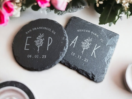 Wedding Favors For Guests, Laser Engraved Slate Coasters, Unique Wedding Guest Gift, Engraved Stone, Personalized Text, Round Or Square