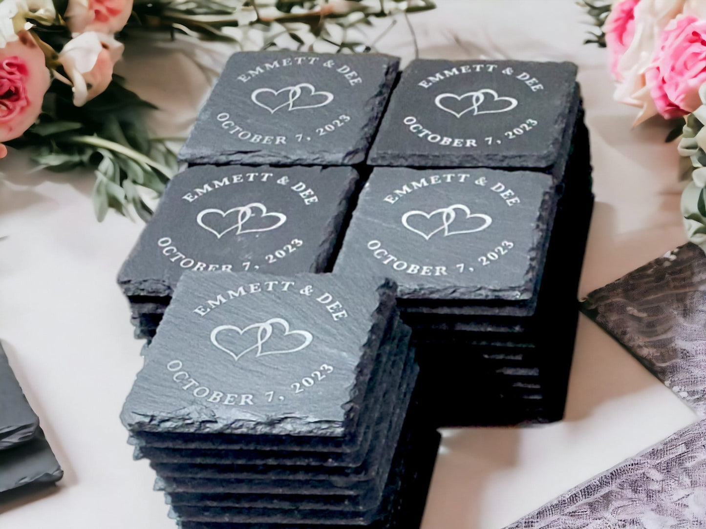 Engraved Slate Coasters, Wedding Favors, Personalized Slate Stone Coasters, Wedding Guest Favors, Wedding Guest Gifts, Wedding Coaster