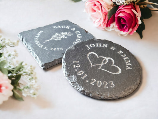 Engraved Slate Coasters, Wedding Favors, Personalized Slate Stone Coasters, Wedding Guest Favors, Wedding Guest Gifts, Wedding Coaster